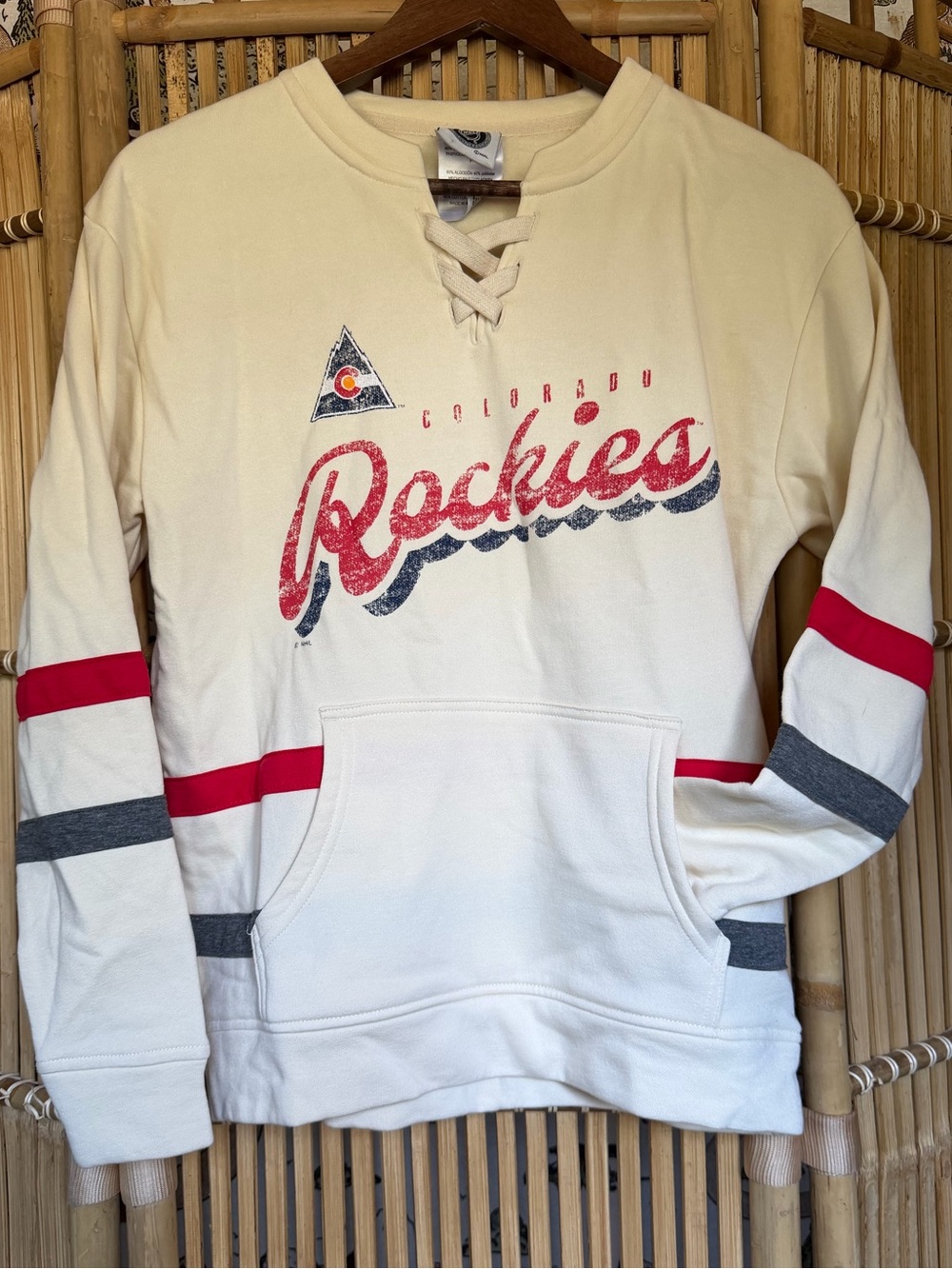 Colorado Rockies Cream Lace-Up Pullover Sweater with Red & Gray Accents